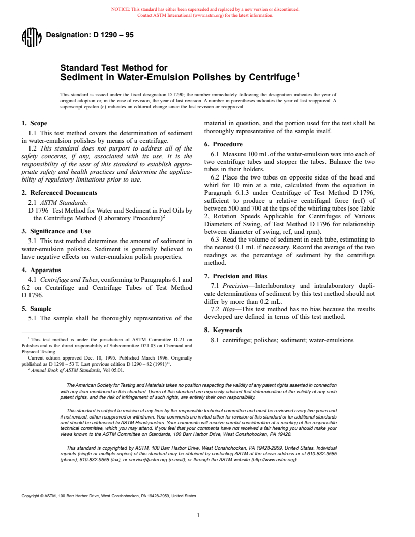 ASTM D1290-95 - Standard Test Method for Sediment in Water-Emulsion Polishes by Centrifuge