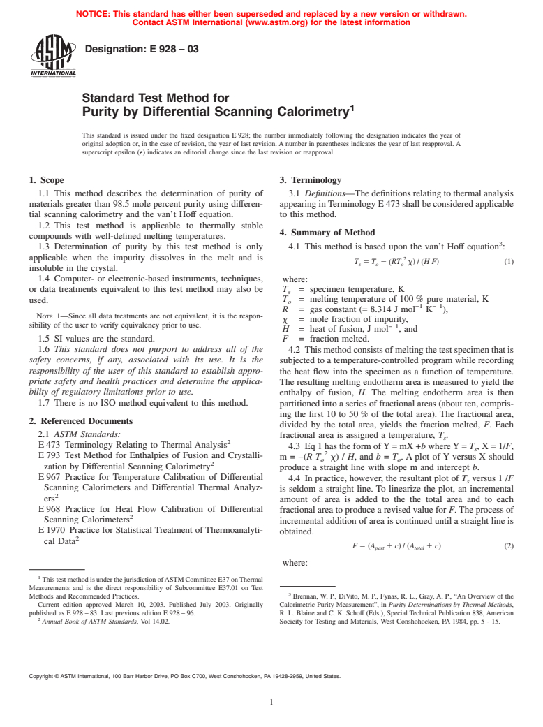 ASTM E928-03 - Standard Test Method for Determination of Purity by Differential Scanning Calorimetry