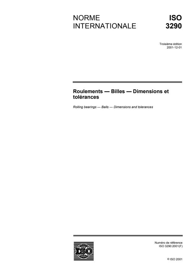 ISO 3290:2001 - Roulements -- Billes -- Dimensions et tolérances