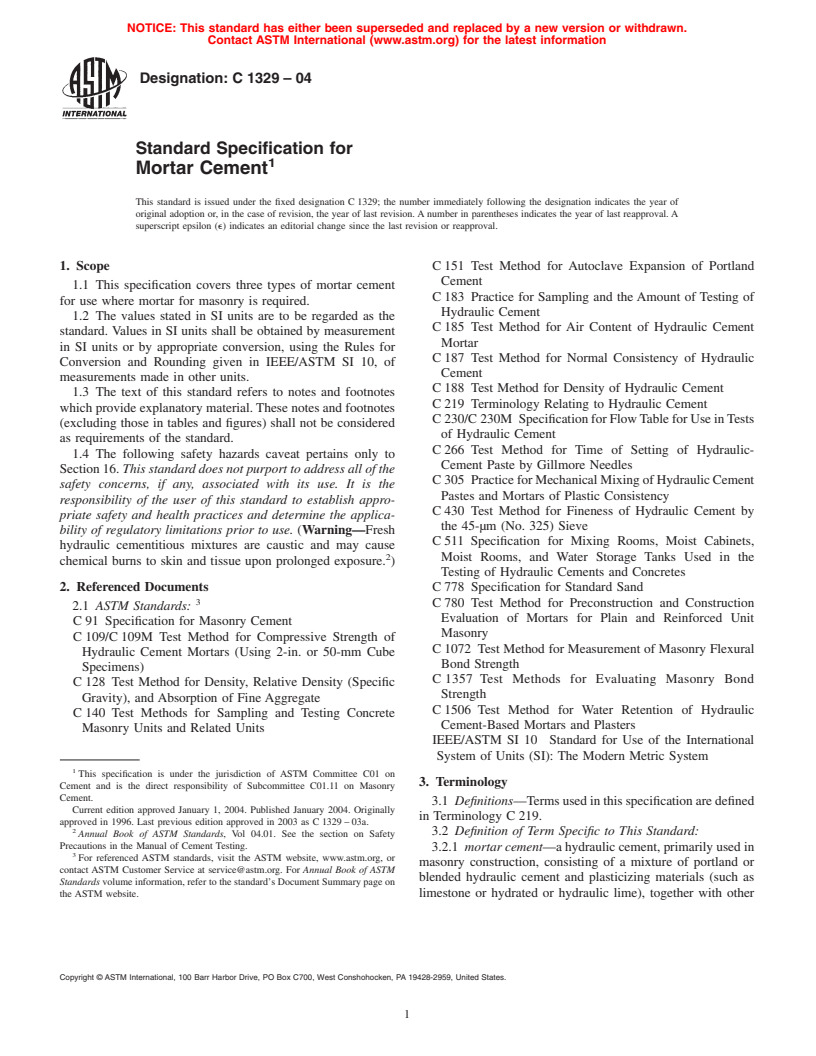 ASTM C1329-04 - Standard Specification for Mortar Cement