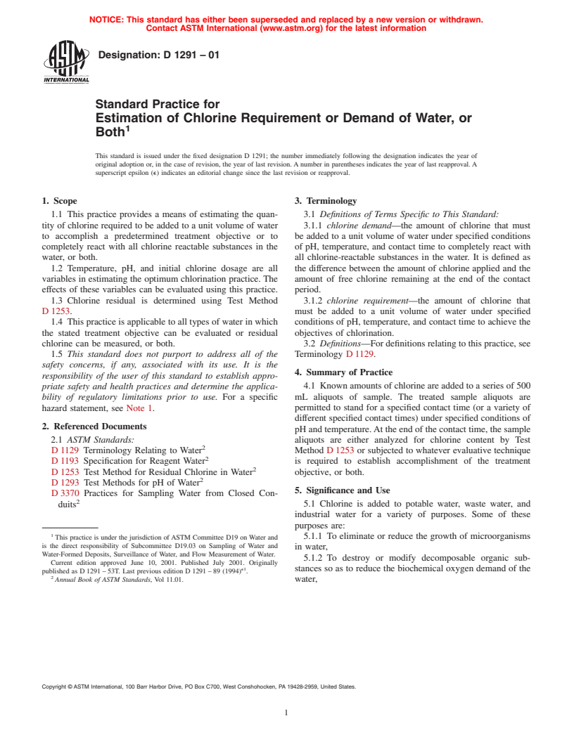 ASTM D1291-01 - Standard Practice for Estimation of Chlorine Requirement or Demand of Water, or Both