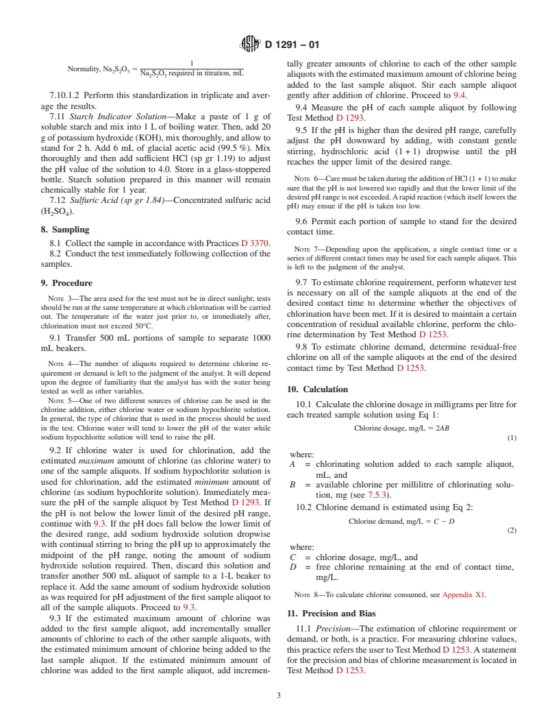 ASTM D1291-01 - Standard Practice for Estimation of Chlorine Requirement or Demand of Water, or Both