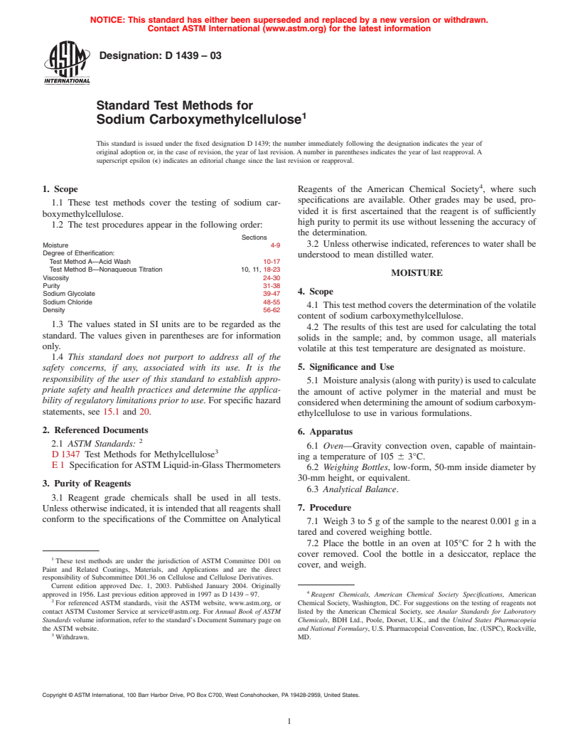 ASTM D1439-03 - Standard Test Methods for Sodium Carboxymethylcellulose