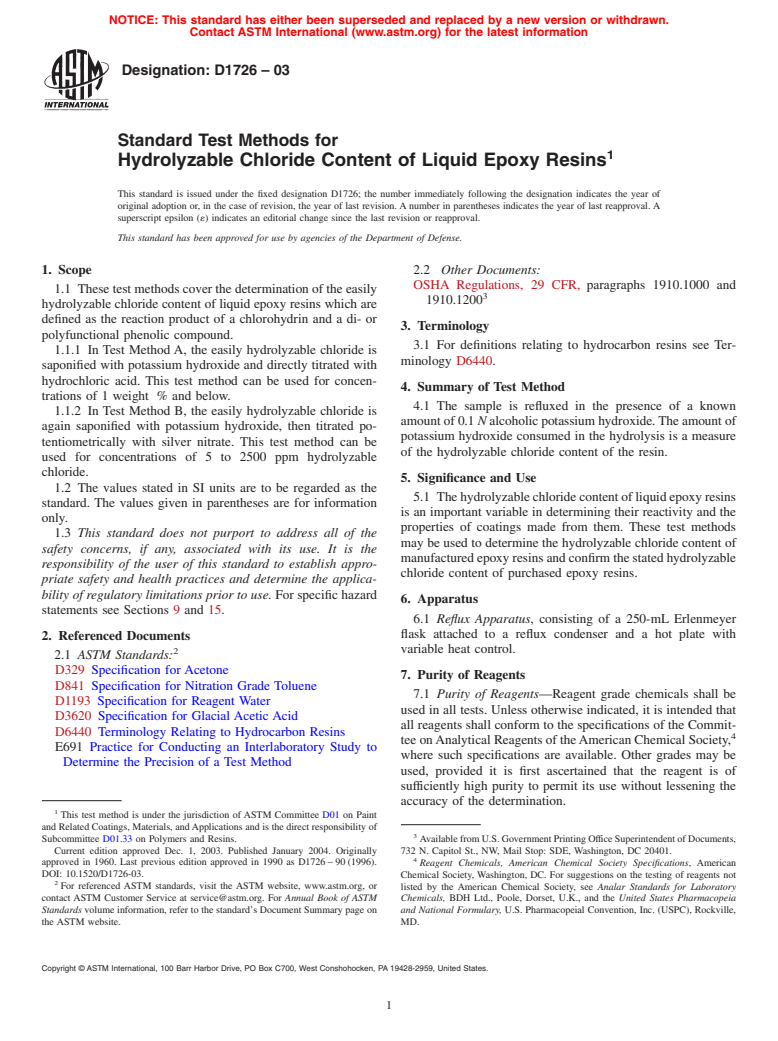 ASTM D1726-03 - Standard Test Methods for Hydrolyzable Chloride Content of Liquid Epoxy Resins