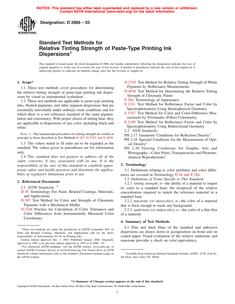 ASTM D2066-03 - Standard Test Methods for Relative Tinting Strength of Paste-Type Printing Ink Dispersions