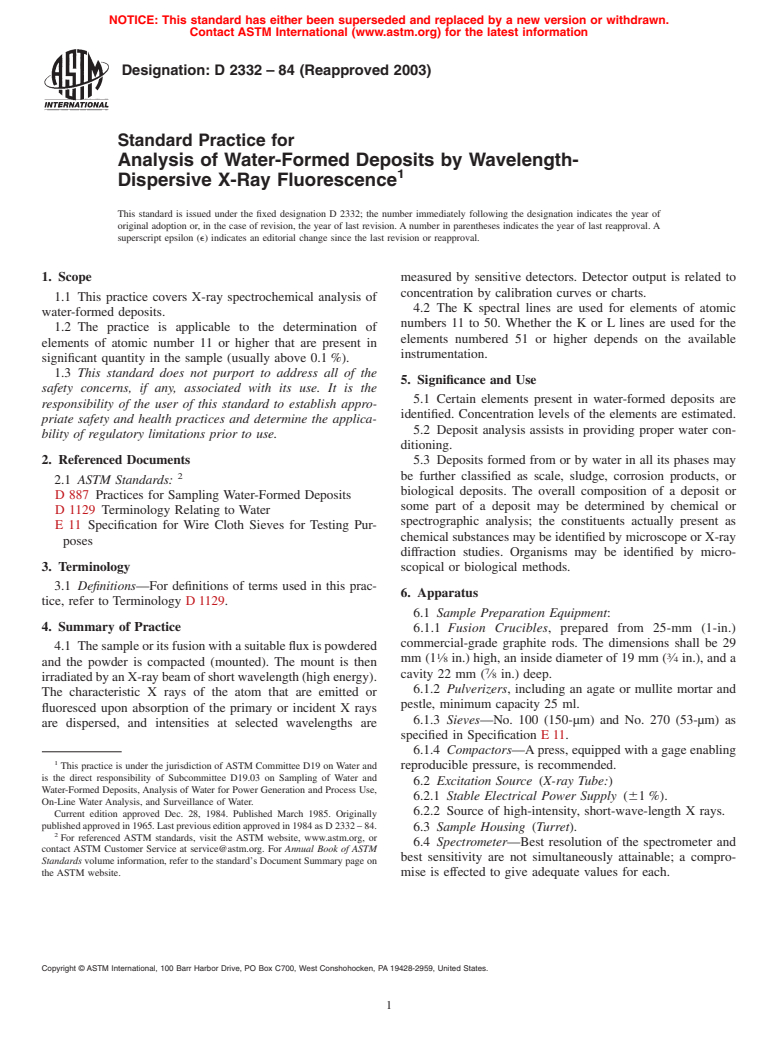 ASTM D2332-84(2003) - Standard Practice for Analysis of Water-Formed Deposits by Wavelength-Dispersive X-Ray Fluorescence