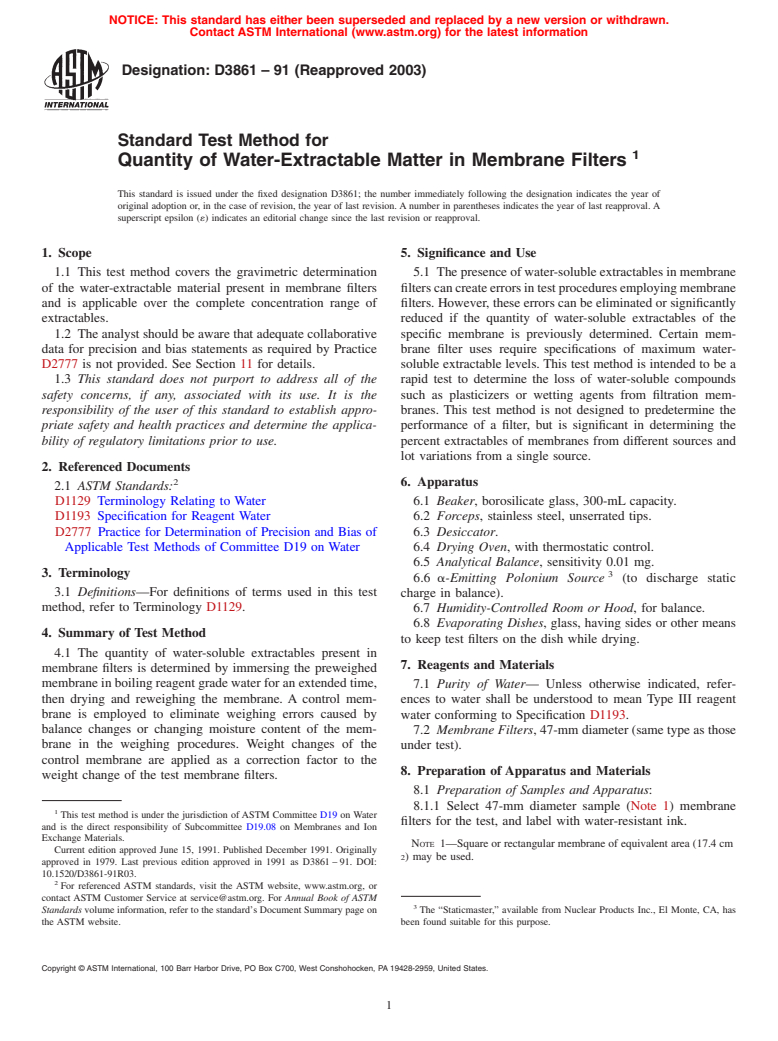 ASTM D3861-91(2003) - Standard Test Method for Quantity of Water-Extractable Matter in Membrane Filters