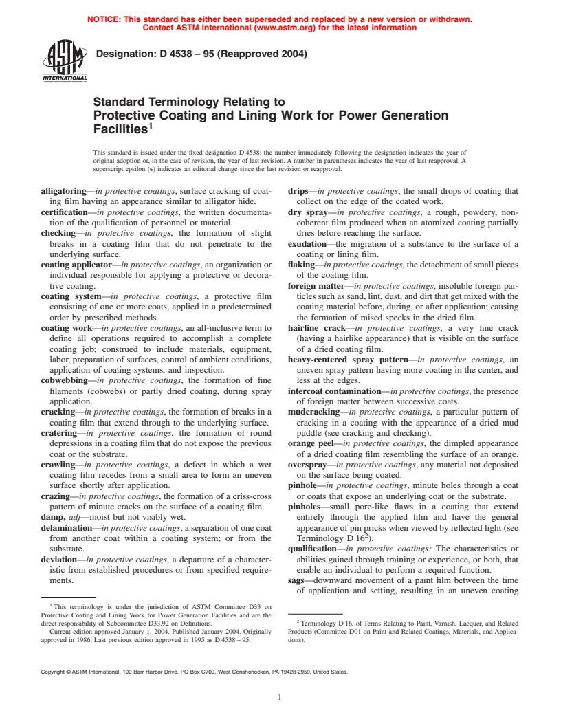 ASTM D4538-95(2004) - Standard Terminology Relating to Protective Coating and Lining Work for Power Generation Facilities