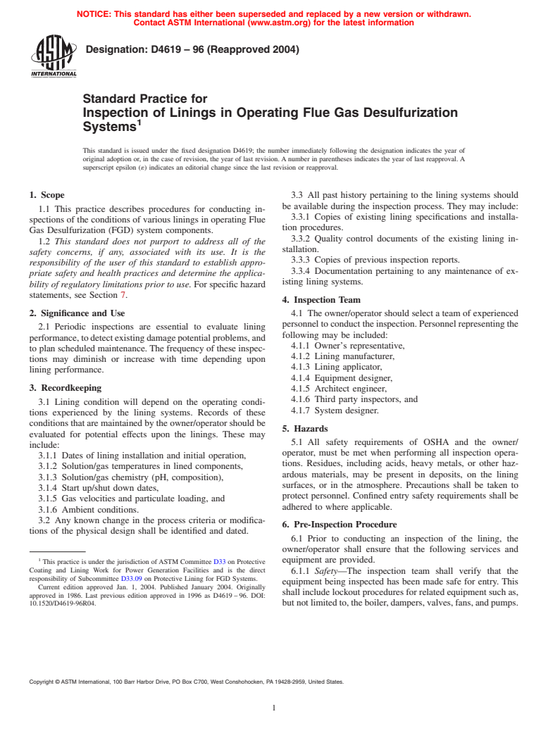 ASTM D4619-96(2004) - Standard Practice for Inspection of Linings in Operating Flue Gas Desulfurization Systems