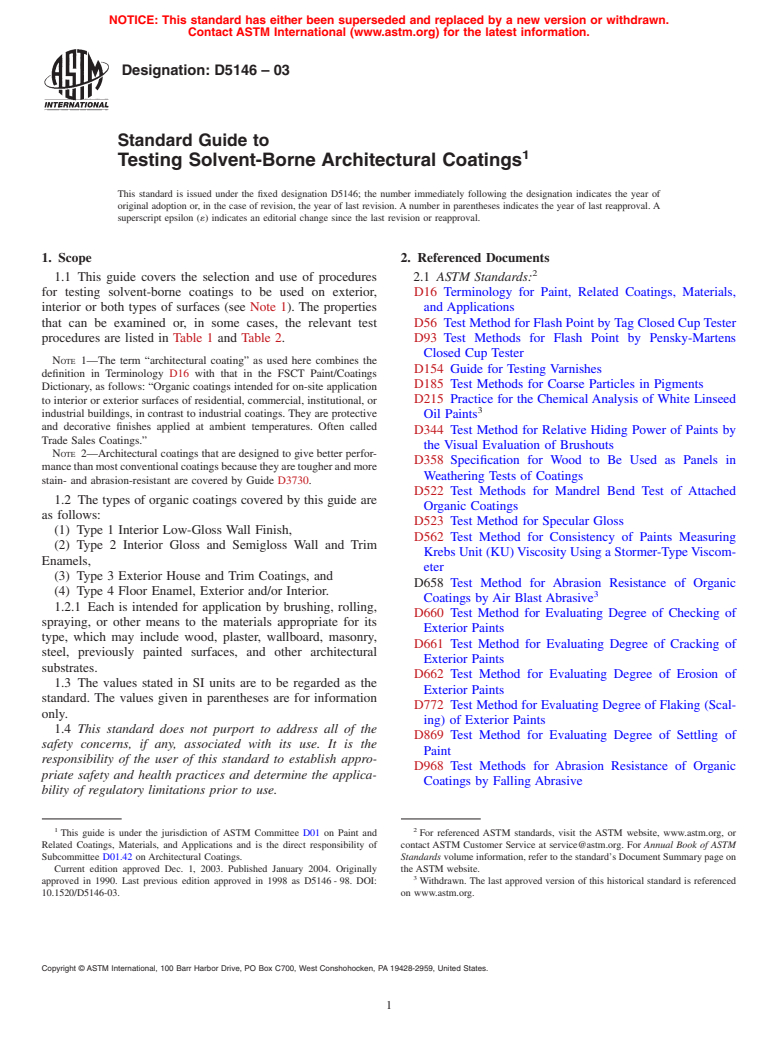 ASTM D5146-03 - Standard Guide to Testing Solvent-Borne Architectural Coatings