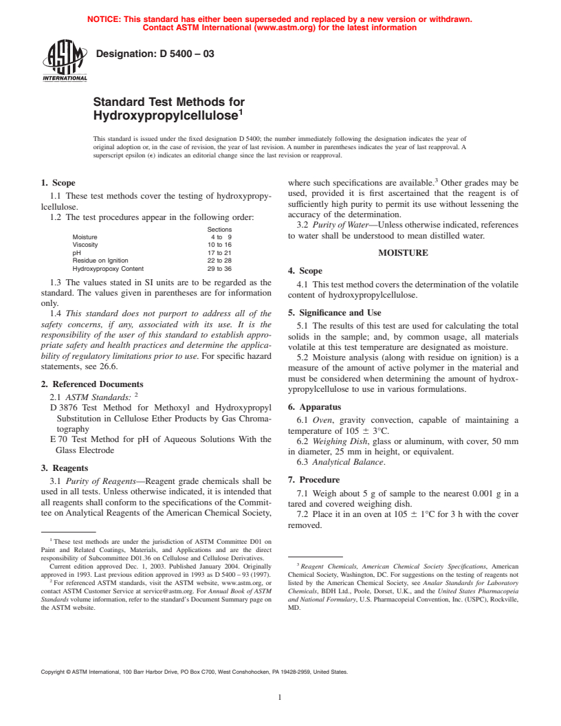 ASTM D5400-03 - Standard Test Methods for Hydroxypropylcellulose