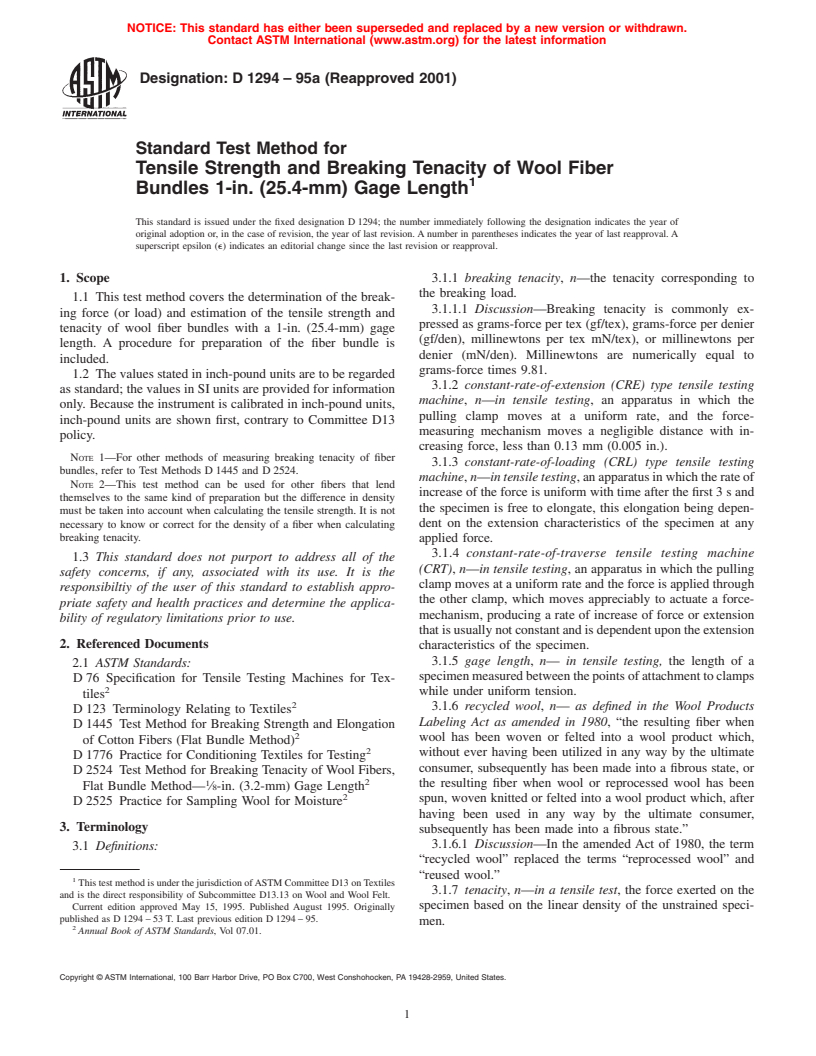 ASTM D1294-95a(2001) - Standard Test Method for Tensile Strength and Breaking Tenacity of Wool Fiber Bundles 1-in. (25.4-mm) Gage Length