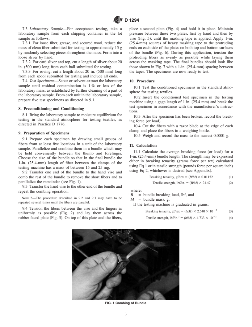 ASTM D1294-95a(2001) - Standard Test Method for Tensile Strength and Breaking Tenacity of Wool Fiber Bundles 1-in. (25.4-mm) Gage Length