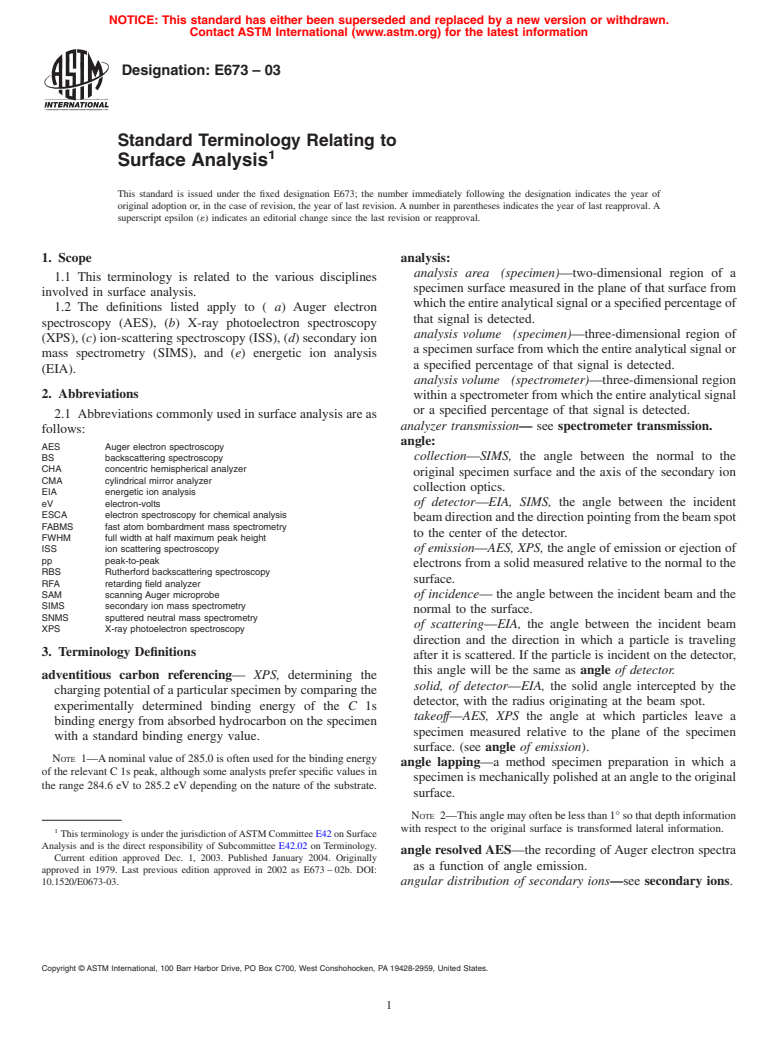 ASTM E673-03 - Standard Terminology Relating to Surface Analysis (Withdrawn 2012)