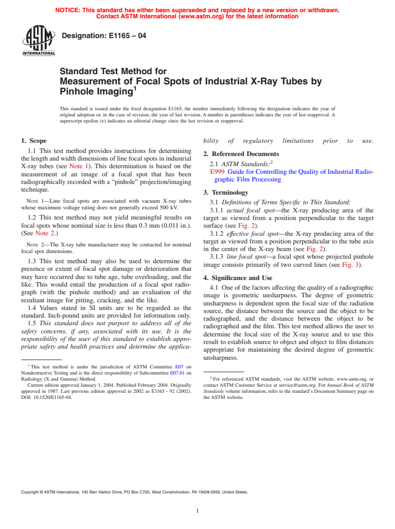 ASTM E1165-04 - Standard Test Method for Measurement of Focal Spots of Industrial X-Ray Tubes by Pinhole Imaging