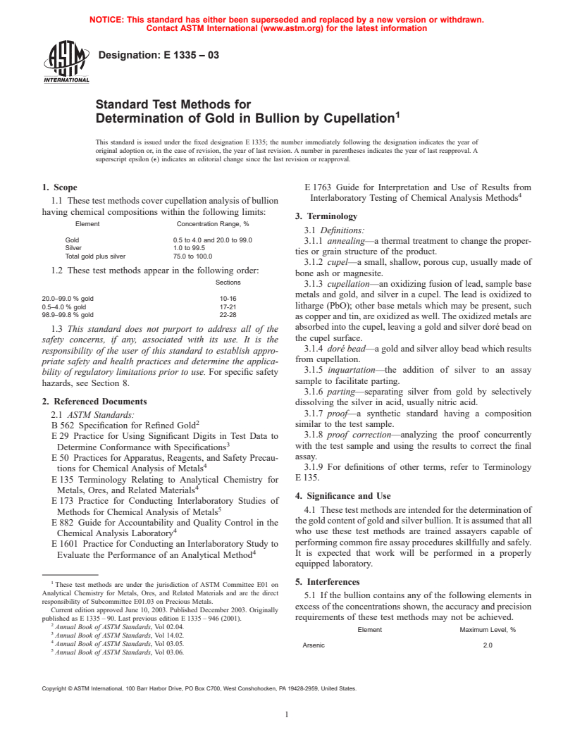 ASTM E1335-03 - Standard Test Methods for Determination of Gold in Bullion by Cupellation