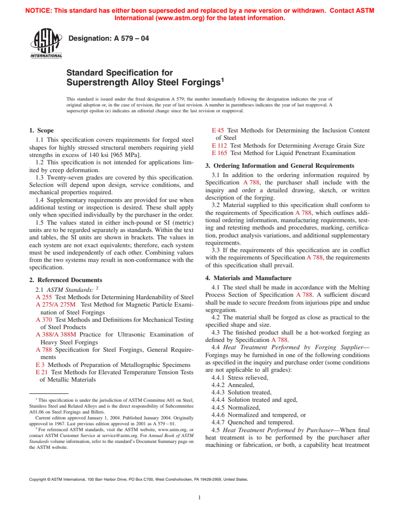 ASTM A579-04 - Standard Specification for Superstrength Alloy Steel Forgings