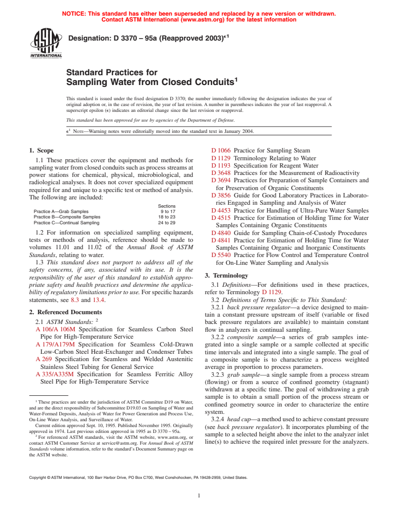 ASTM D3370-95a(2003)e1 - Standard Practices for Sampling Water from Closed Conduits