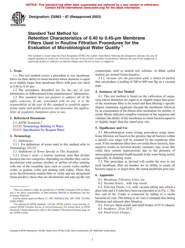 ASTM D3863-87(2003) - Standard Test Method for Retention Characteristics of 0.40 to 0.45-&#181m Membrane Filters Used in Routine Filtration Procedures for the Evaluation of Microbiological Water Quality