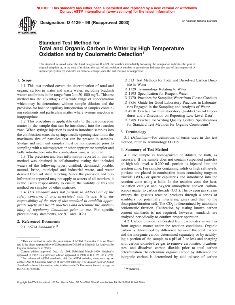 ASTM D4129-98(2003) - Standard Test Method for Total and Organic Carbon in Water by High Temperature Oxidation and by Coulometric Detection