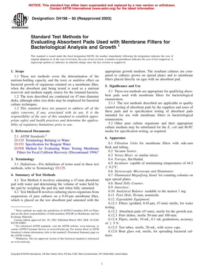 ASTM D4198-82(2003) - Standard Test Methods for Evaluating Absorbent Pads Used with Membrane Filters for Bacteriological Analysis and Growth