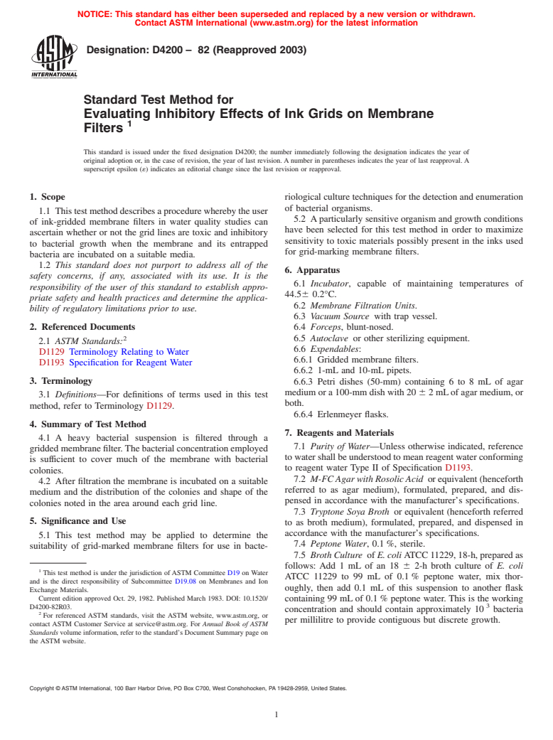 ASTM D4200-82(2003) - Standard Test Method for Evaluating Inhibitory Effects of Ink Grids on Membrane Filters