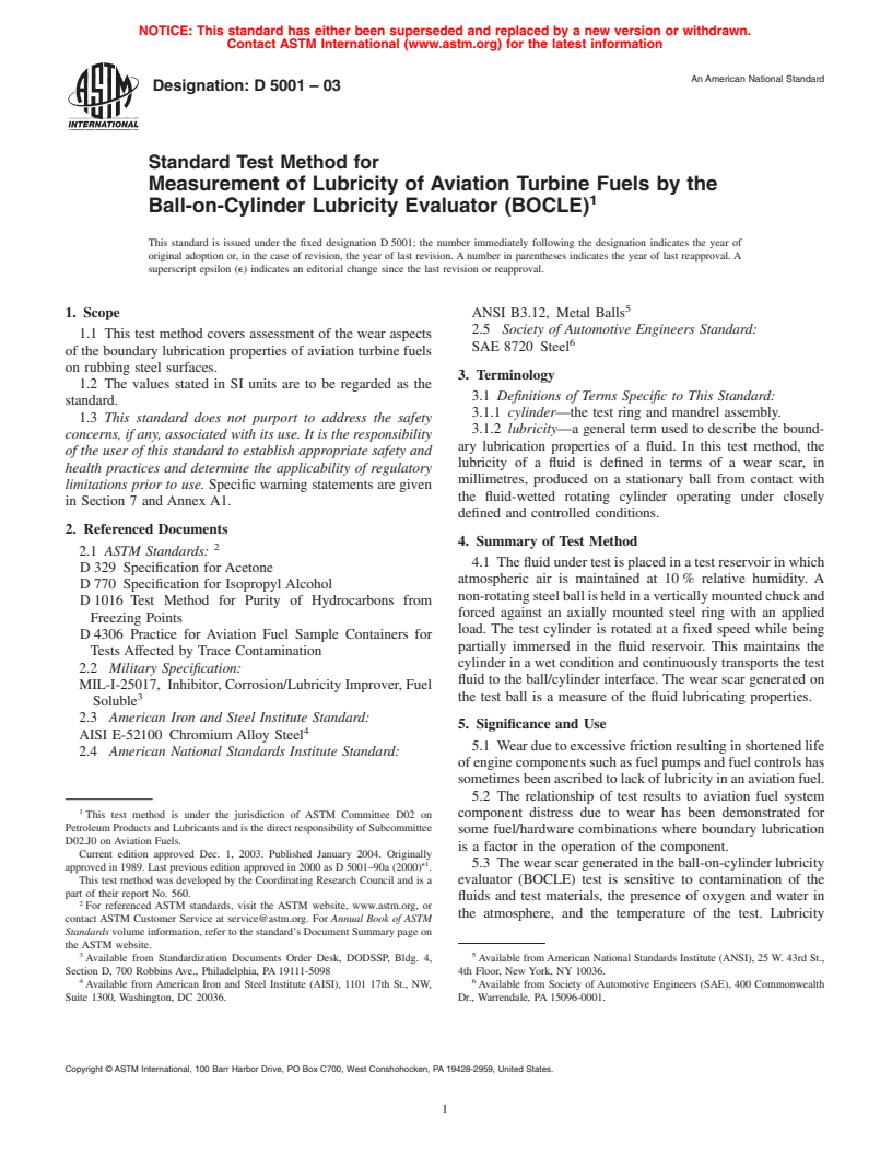 ASTM D5001-03 - Standard Test Method for Measurement of Lubricity of Aviation Turbine Fuels by the Ball-on-Cylinder Lubricity Evaluator (BOCLE)