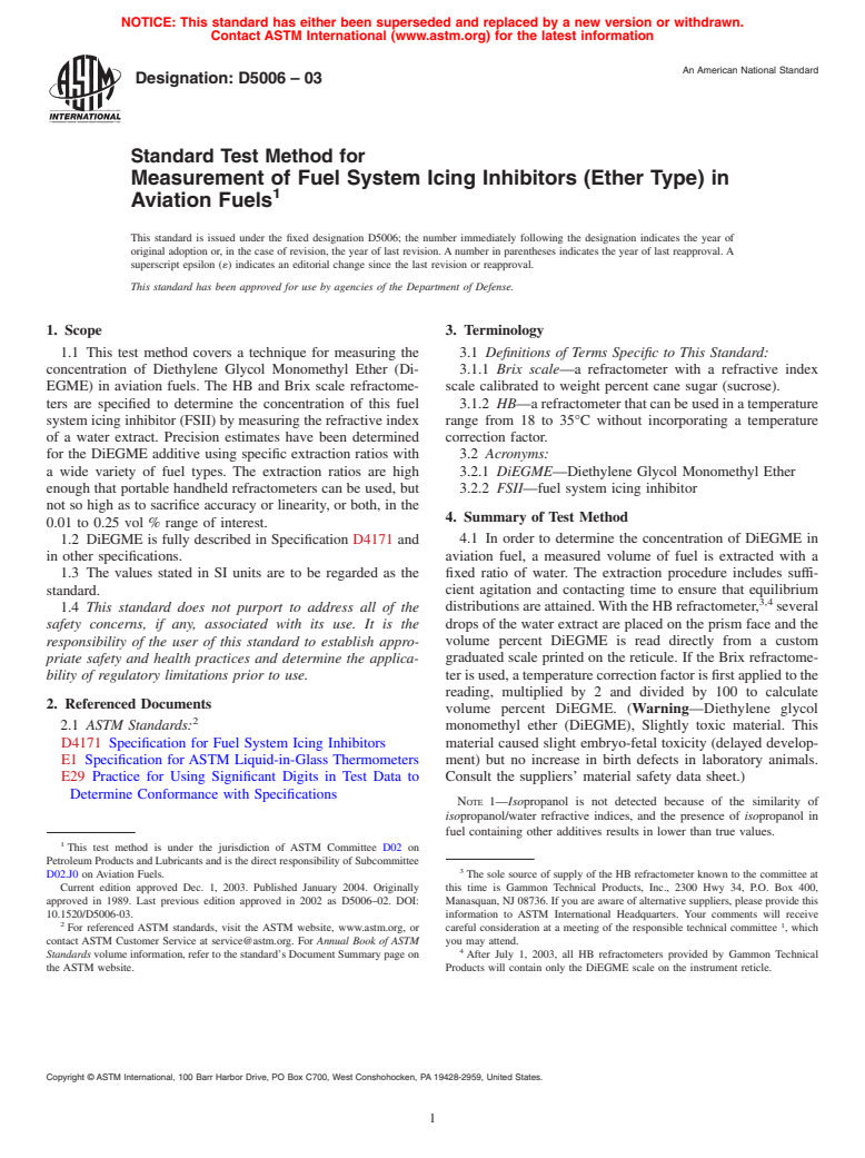 ASTM D5006-03 - Standard Test Method for Measurement of Fuel System Icing Inhibitors (Ether Type) in Aviation Fuels