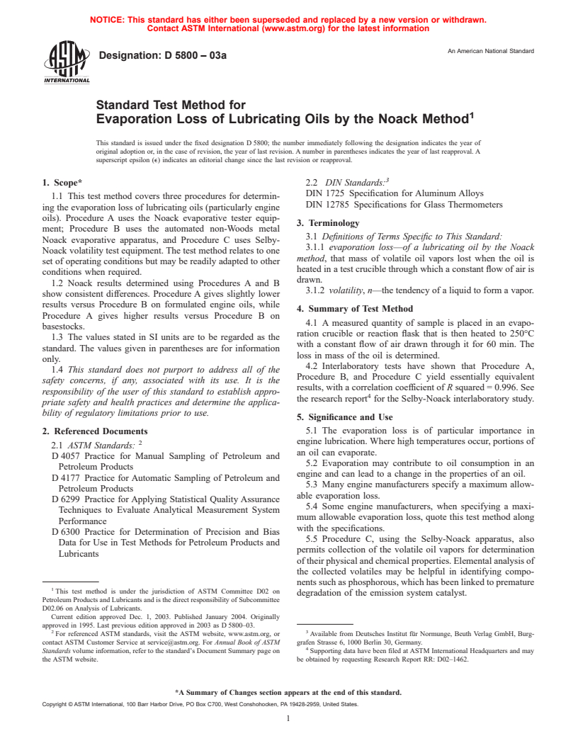 ASTM D5800-03a - Standard Test Method for Evaporation Loss of Lubricating Oils by the Noack Method