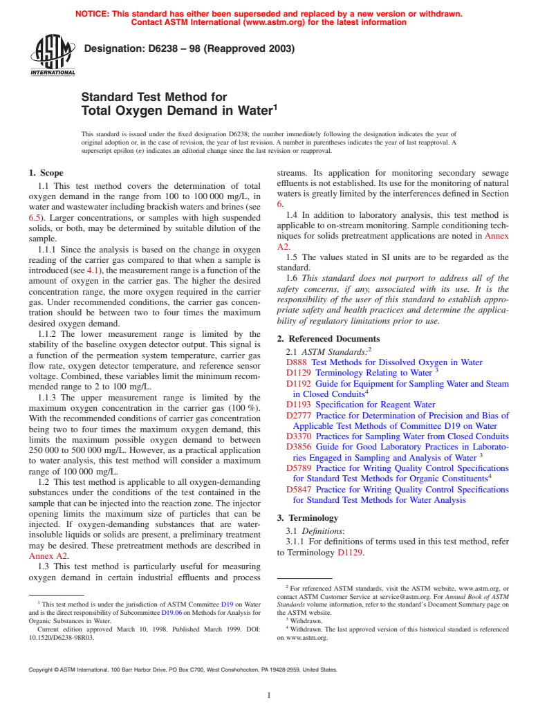 ASTM D6238-98(2003) - Standard Test Method for Total Oxygen Demand in Water