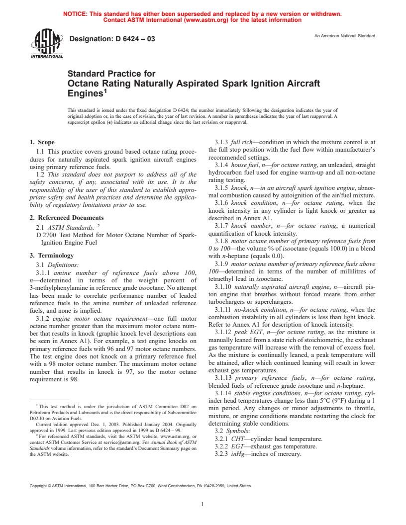 ASTM D6424-03 - Standard Practice for Octane Rating Naturally Aspirated Spark Ignition Aircraft Engines