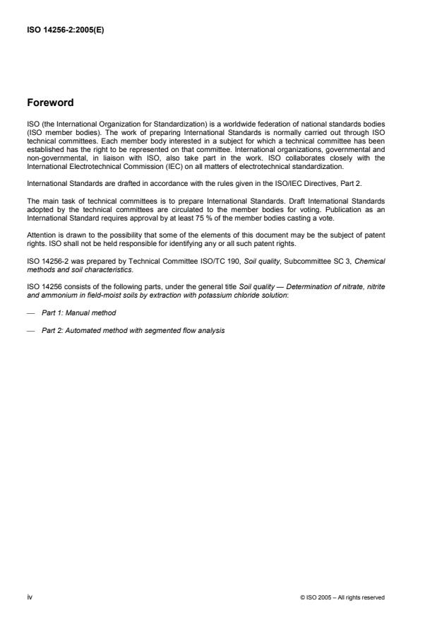 ISO 14256-2:2005 ISO 14256-2:2005 - Soil quality -- Determination of nitrate, nitrite and ammonium in field-moist soils by extraction with potassium chloride solution - Page 4 preview
