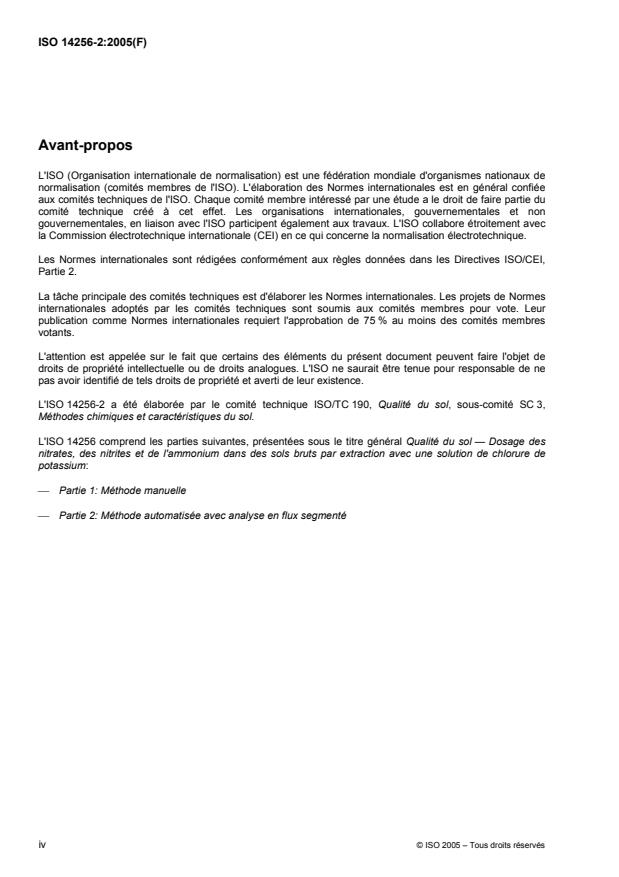 ISO 14256-2:2005 ISO 14256-2:2005 - Qualité du sol -- Dosage des nitrates, des nitrites et de l'ammonium dans des sols bruts par extraction avec une solution de chlorure de potassium - Page 4 preview