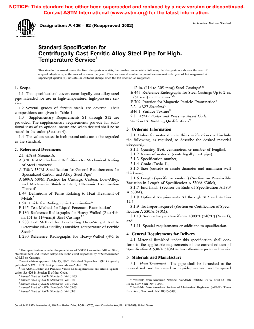 ASTM A426-92(2002) - Standard Specification for Centrifugally Cast Ferritic Alloy Steel Pipe for High-Temperature Service