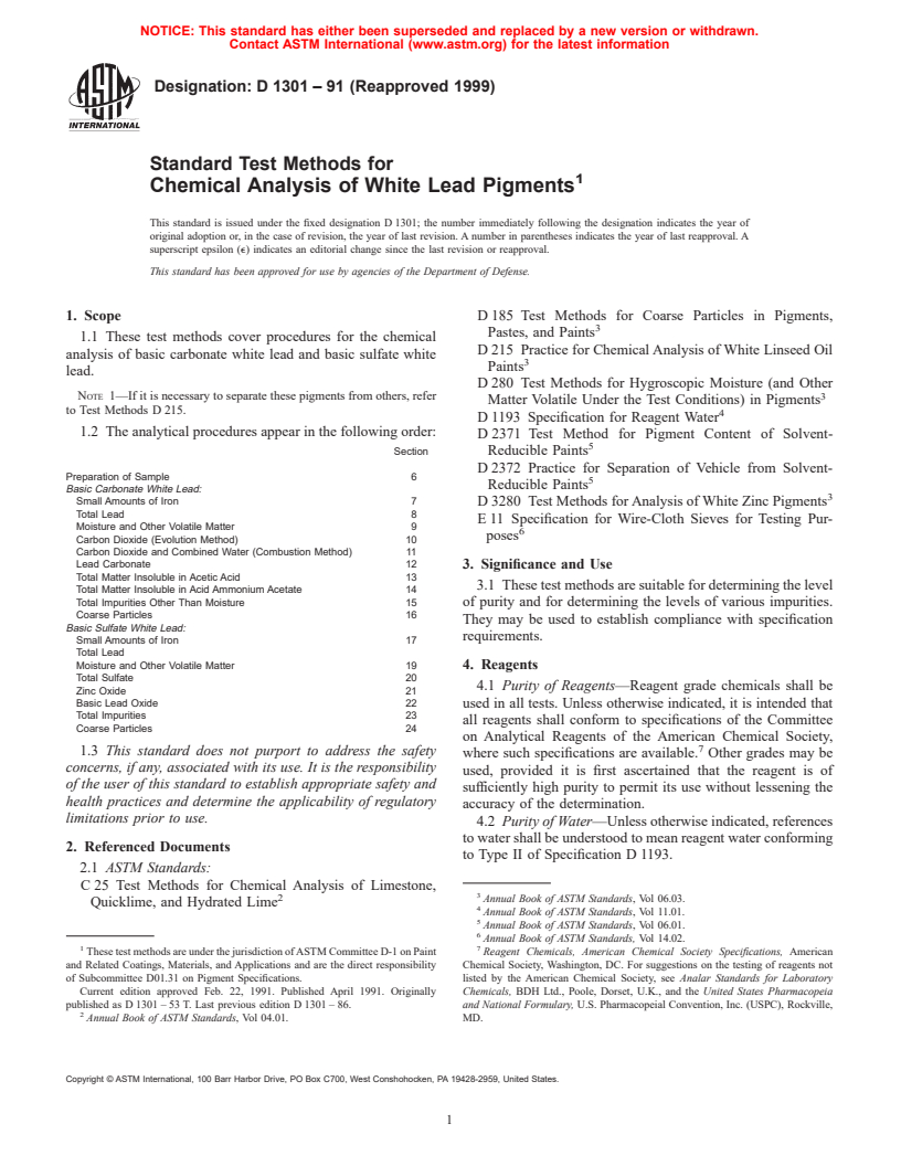 ASTM D1301-91(1999) - Standard Test Methods for Chemical Analysis of White Lead Pigments