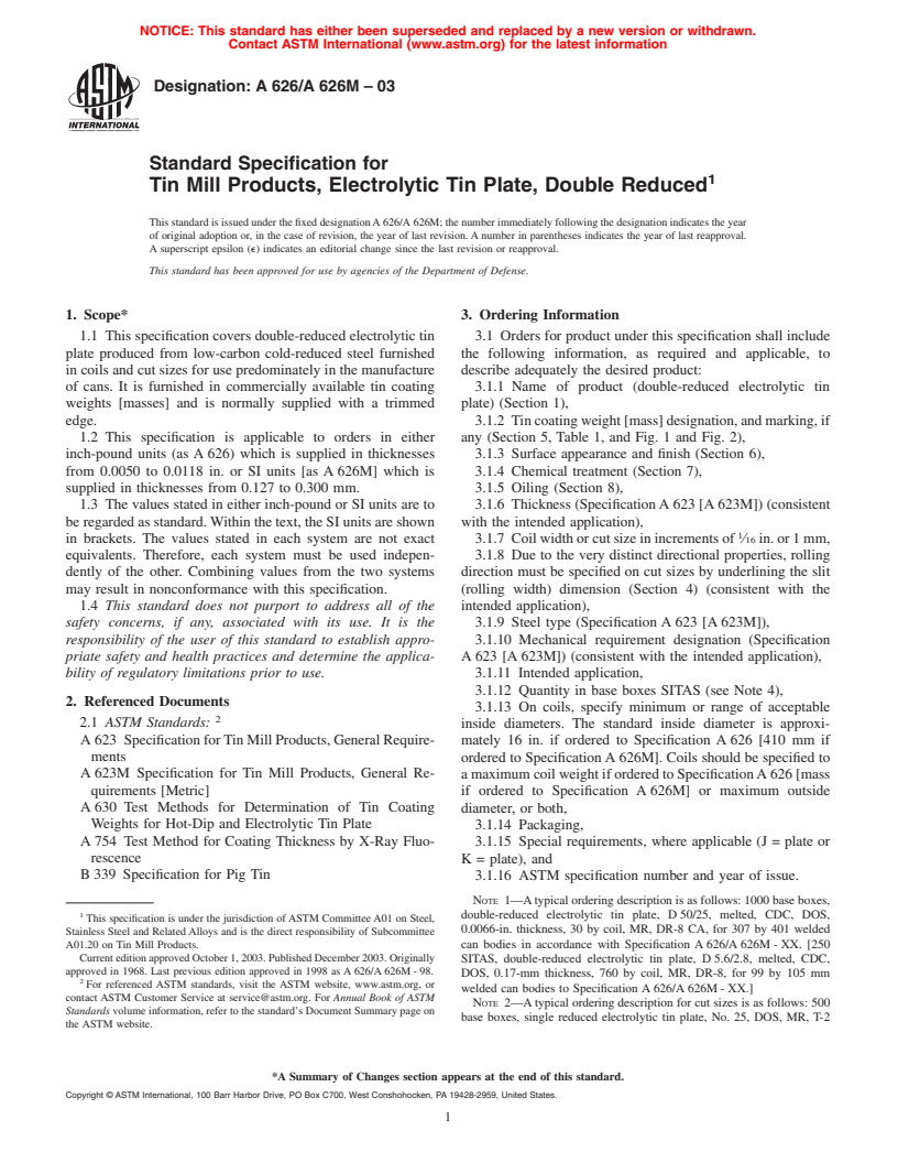 ASTM A626/A626M-03 - Standard Specification for Tin Mill Products, Electrolytic Tin Plate, Double Reduced