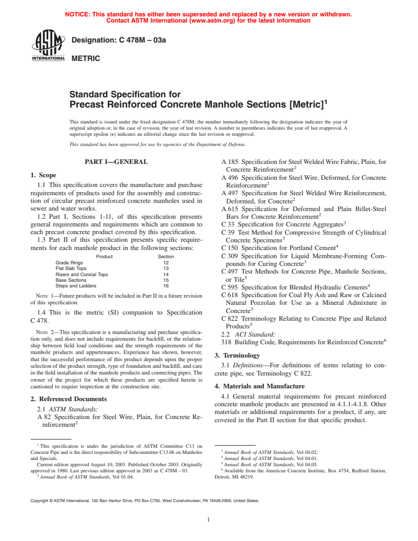 ASTM C478M-03a - Standard Specification for Precast Reinforced Concrete Manhole Sections [Metric]