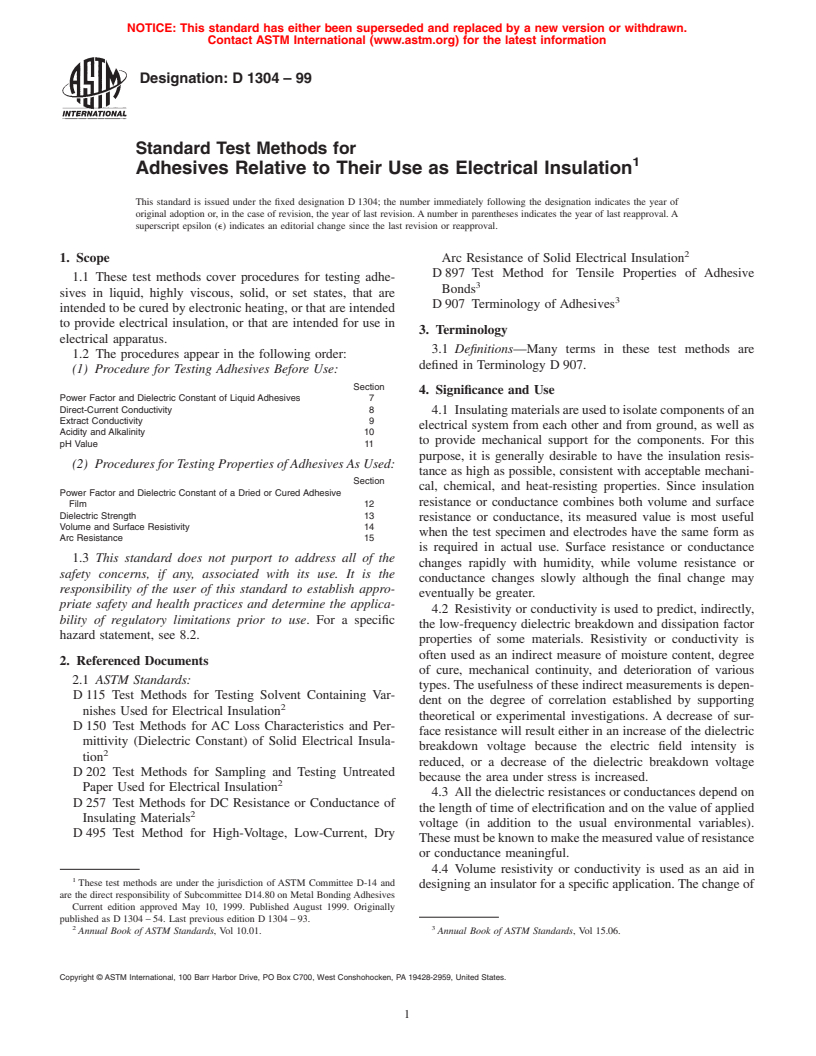 ASTM D1304-99 - Standard Test Methods for Adhesives Relative to Their Use as Electrical Insulation