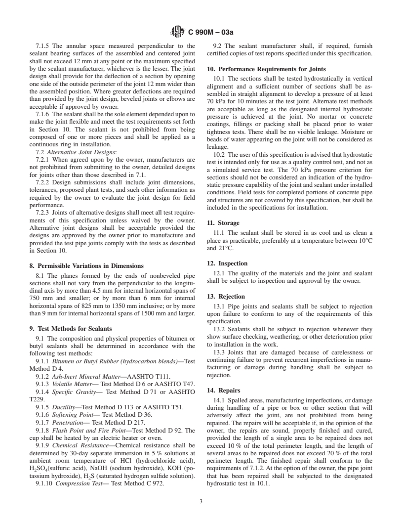 ASTM C990M-03a - Standard Specification for Joints for Concrete Pipe, Manholes, and Precast Box Sections Using Preformed Flexible Joint Sealants (Metric)