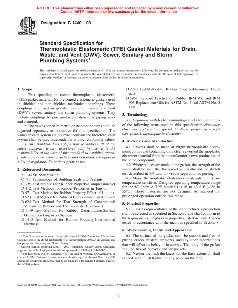 ASTM C1440-03 - Standard Specification for Thermoplastic Elastomeric (TPE) Gasket Materials for Drain, Waste, and Vent (DWV), Sewer, Sanitary and Storm Plumbing Systems