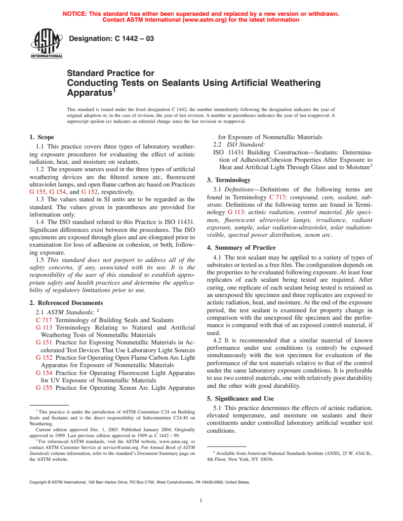 ASTM C1442-03 - Standard Practice for Conducting Tests on Sealants Using Artificial Weathering Apparatus