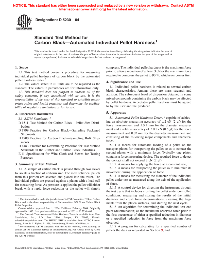 ASTM D5230-04 - Standard Test Method for Carbon Black&#8212;Automated Individual Pellet Hardness