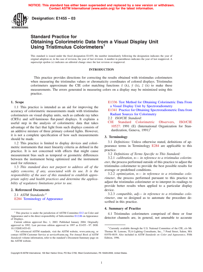 ASTM E1455-03 - Standard Practice for Obtaining Colorimetric Data from a Visual Display Unit Using Tristimulus Colorimeters