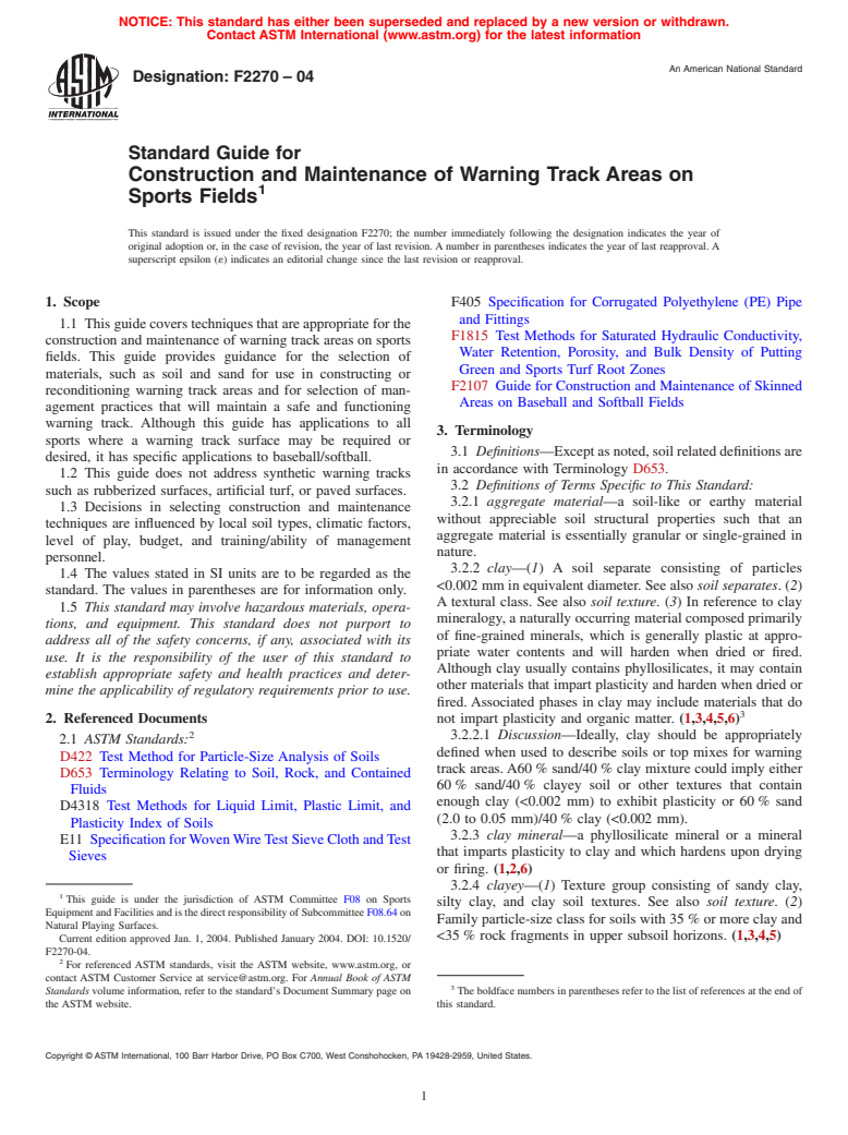 ASTM F2270-04 - Standard Guide for Construction and Maintenance of Warning Track Areas on Sports Fields