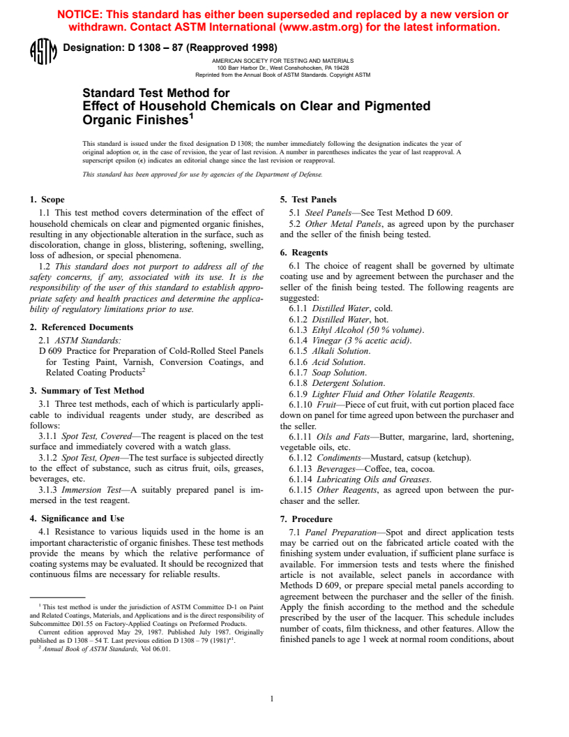 ASTM D1308-87(1998) - Standard Test Method for Effect of Household Chemicals on Clear and Pigmented Organic Finishes