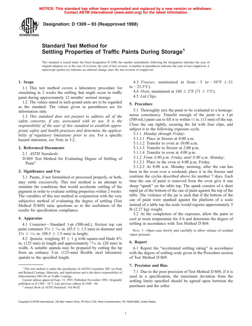 ASTM D1309-93(1998) - Standard Test Method for Settling Properties of Traffic Paints During Storage