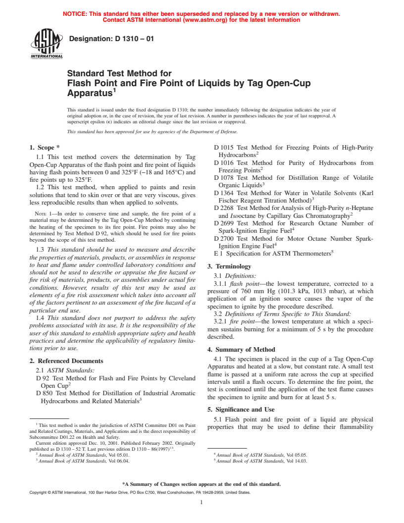 ASTM D1310-01 - Standard Test Method for Flash Point and Fire Point of Liquids by Tag Open-Cup Apparatus