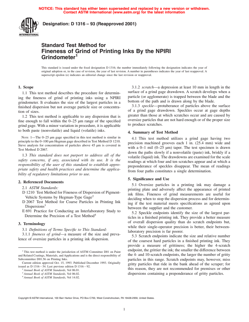ASTM D1316-93(2001) - Standard Test Method for Fineness of Grind of Printing Inks By the NPIRI Grindometer