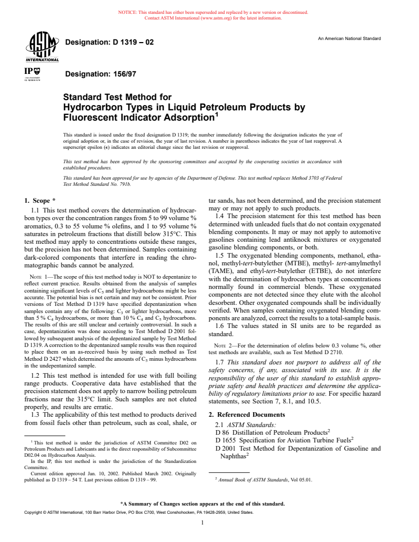 ASTM D1319-02 - Standard Test Method for Hydrocarbon Types in Liquid Petroleum Products by Fluorescent Indicator Adsorption