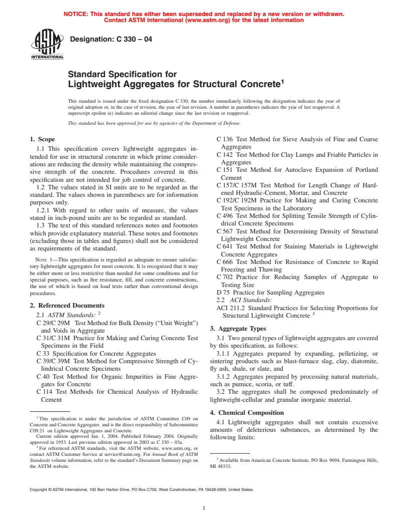 ASTM C330-04 - Standard Specification for Lightweight Aggregates for Structural Concrete